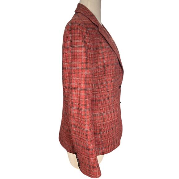 Vintage Evan Picone Red Plaid Tweed Blazer Jacket Shoulder Pad 2 Buttons No Size - Picture 4 of 11
